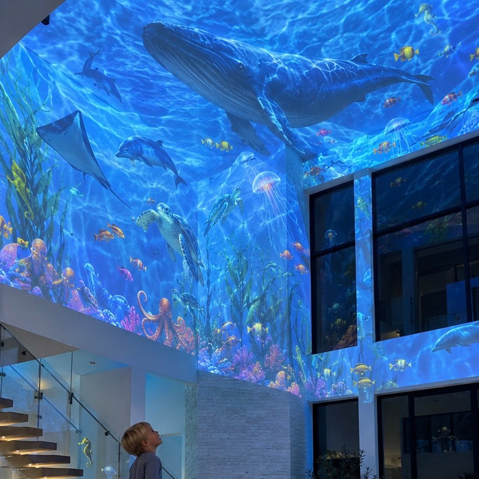Ocean projection across a living room ceiling
